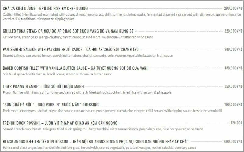 Hình ảnh menu được lấy từ website quán