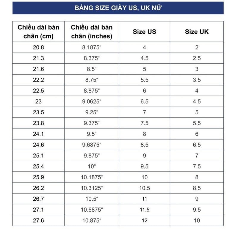 B ng Size Gi y US UK V C ch Ch n Size Gi y Ch nh X c Nh t