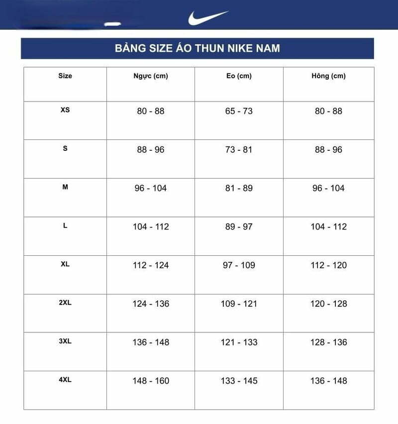Bảng size áo thun Nike cho nam