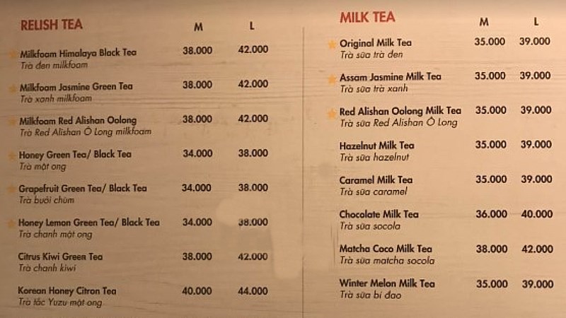 Menu của Hebe