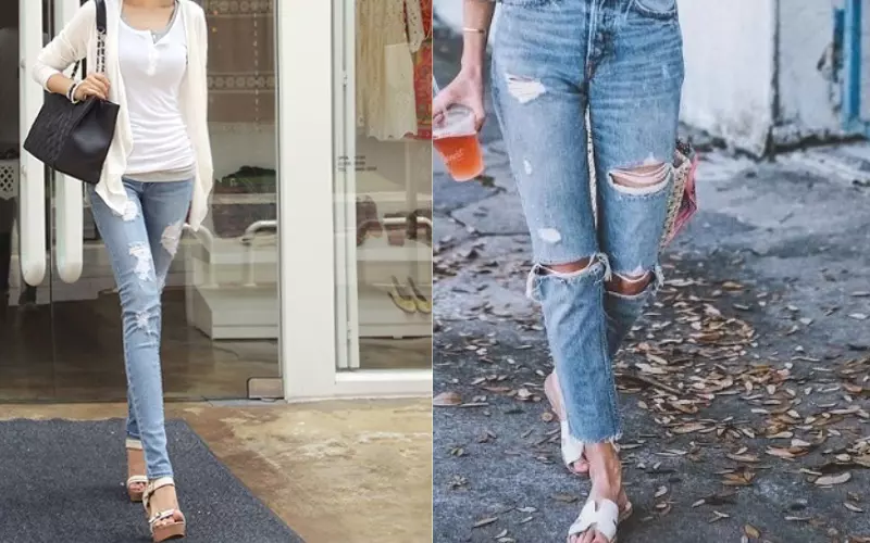 Mix quần jean rách và sandal sẽ tạo ra một outfit cá tính, thời trang